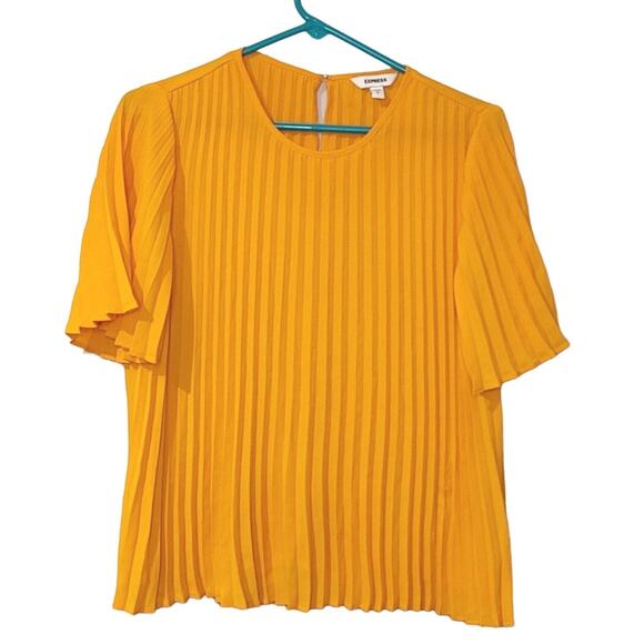 Express Size Small Orange Sheer Pleated Blouse Short Sleeve Top Career - Picture 1 of 7
